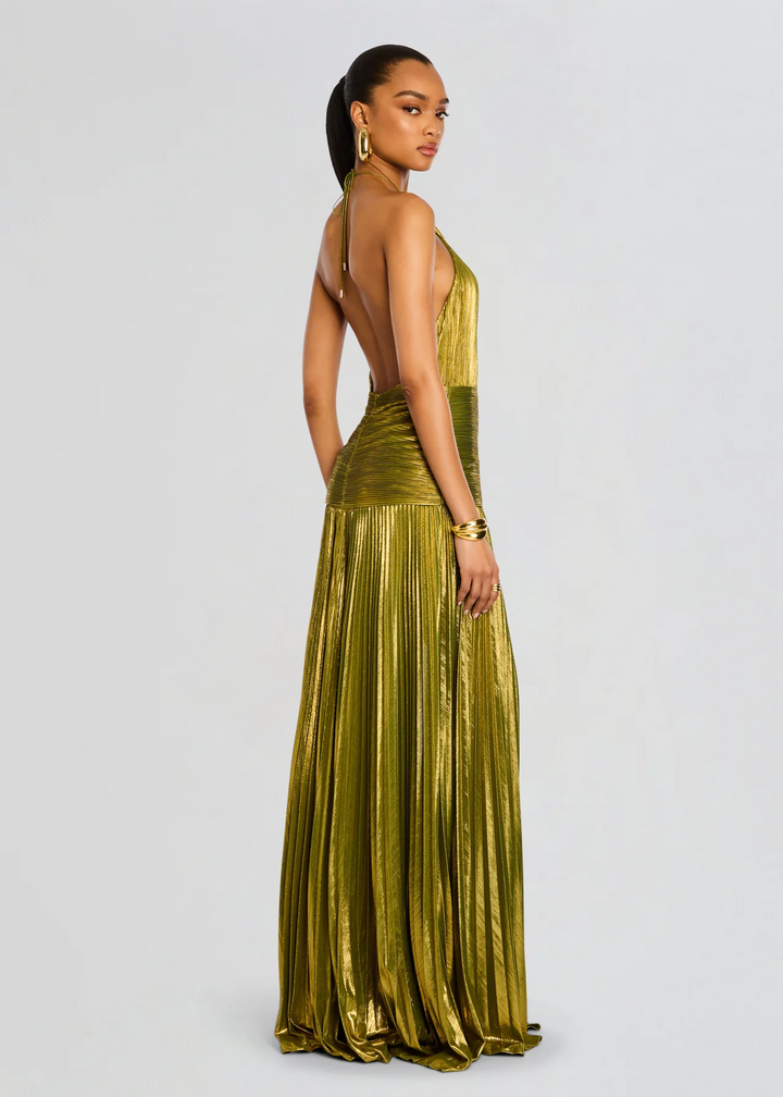 MAÏA | Goudgroene Halterjurk met Luxe Split